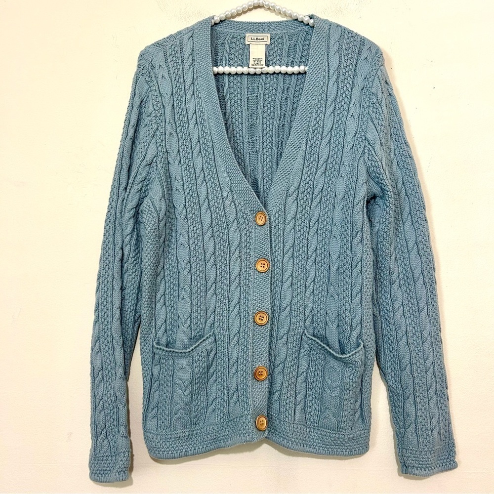 L.L. Bean Button Down Cable Knit Cotton Blue Cardigan SIZE MEDIUM - Picture 2 of 5